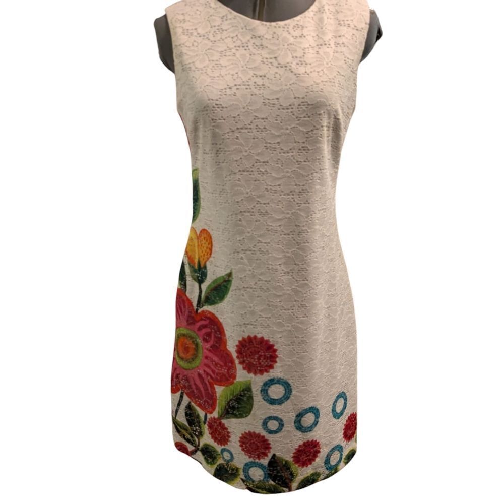 Desigual Women's White &‎ Floral Print Lace Dress Size Small